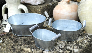 Zinkwanne,mit Henkeln,Pflanzgefäß,oval,3er Set,23,18 und 14cm lang 