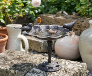 Vogeltränke auf Fuß,Vogelbad,mit zwei Vögeln,Gusseisen,dunkelbraun,33cm hoch 
